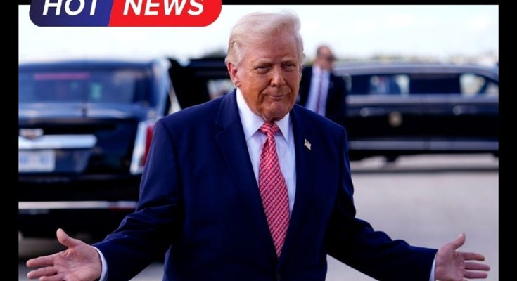 Donald Trump gestures with open arms at airport tarmac with