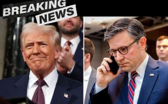 Split image showing Donald Trump smiling on the left and Mike Johnson talking on a phone