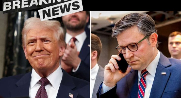 Split image showing Donald Trump smiling on the left and Mike Johnson talking on a phone