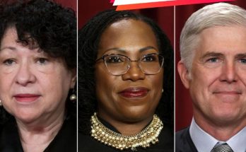 Three portrait photos side by side against a dark red background: a woman with curly