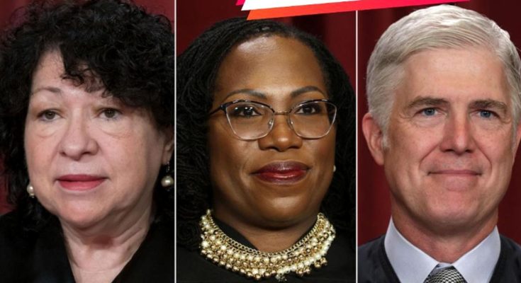 Three portrait photos side by side against a dark red background: a woman with curly