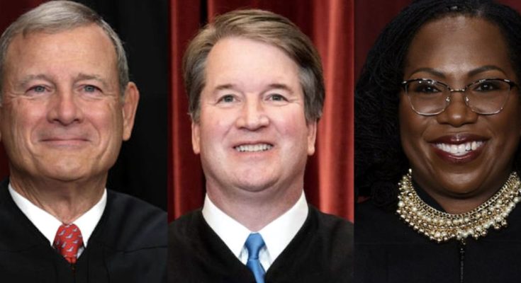 Three Supreme Court justices in judicial robes with text below reading 'HUGE! Supreme