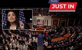 A split-screen news graphic showing a woman speaking in an inset frame on the left, with