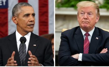 A three-panel image showing Barack Obama speaking at a podium, Donald Trump with arms