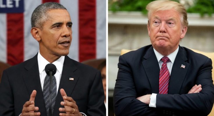 A three-panel image showing Barack Obama speaking at a podium, Donald Trump with arms