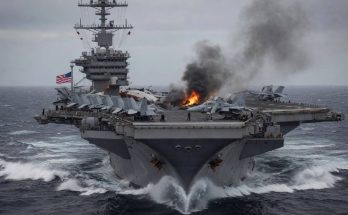 Aircraft carrier with fire and black smoke on deck, American flag visible, choppy ocean