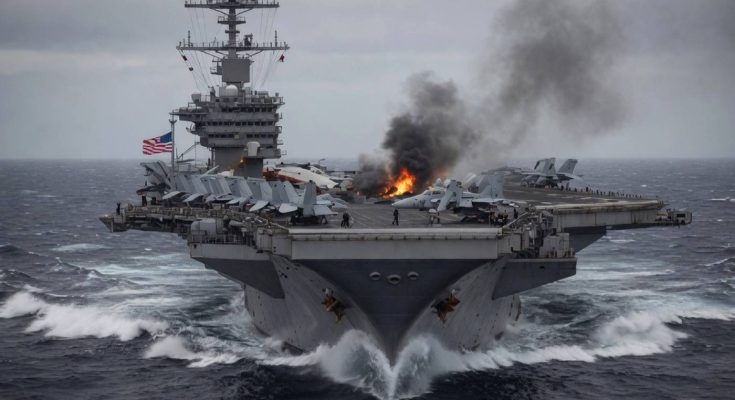 Aircraft carrier with fire and black smoke on deck, American flag visible, choppy ocean