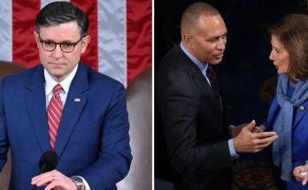 Split image showing Mike Johnson speaking at a podium with American flag backdrop on