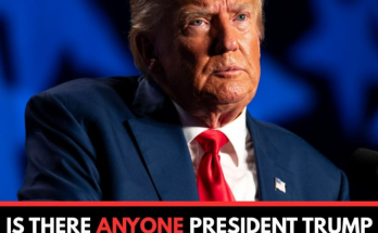 Donald Trump in a dark suit and red tie against a blue background with text asking if