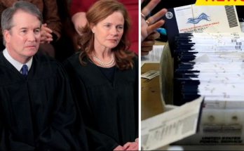 Split image showing two Supreme Court justices in black robes on the left, and a stack