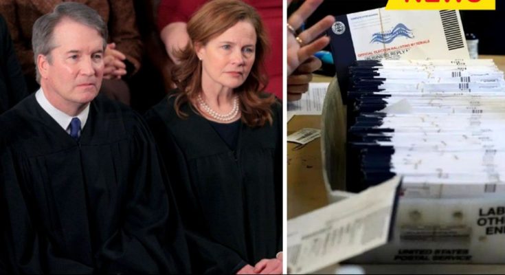 Split image showing two Supreme Court justices in black robes on the left, and a stack