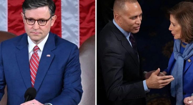 Split image showing Mike Johnson speaking at a podium with American flag backdrop on