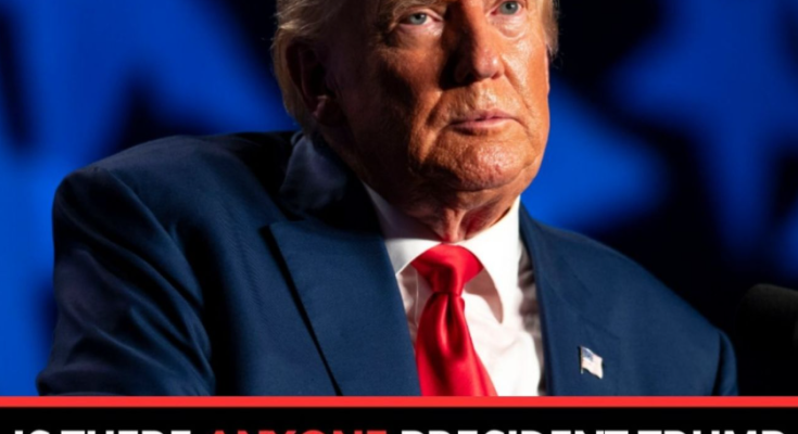 Donald Trump in a dark suit and red tie against a blue background with text asking if