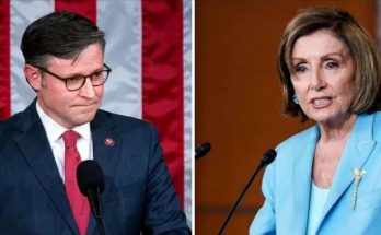 Split image showing two people at podiums with microphones. On the left, a man with dark