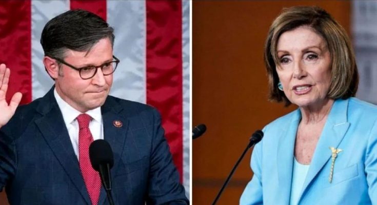 Split image showing two people at podiums with microphones. On the left, a man with dark