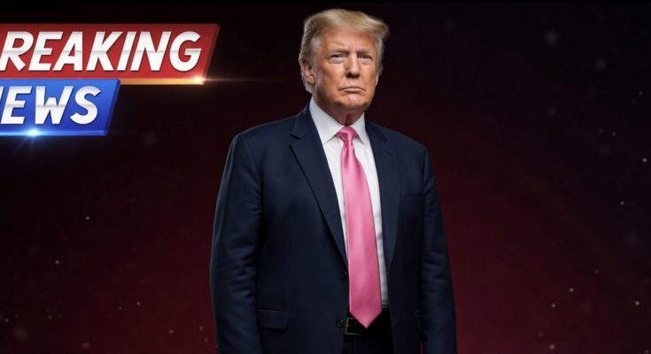 Donald Trump in a dark suit and pink tie against a dark red background with a 'BREAKING