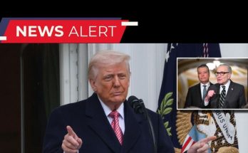 Donald Trump speaking at a podium with presidential seal, with inset image of two men in