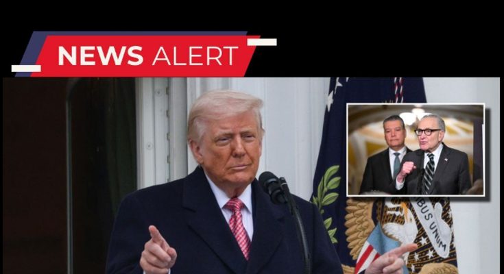 Donald Trump speaking at a podium with presidential seal, with inset image of two men in