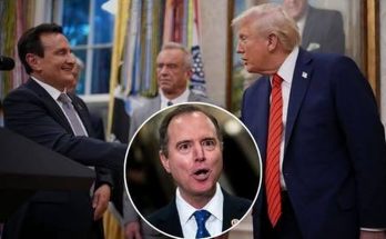 Donald Trump in a blue suit and red striped tie shaking hands with a man in a dark suit