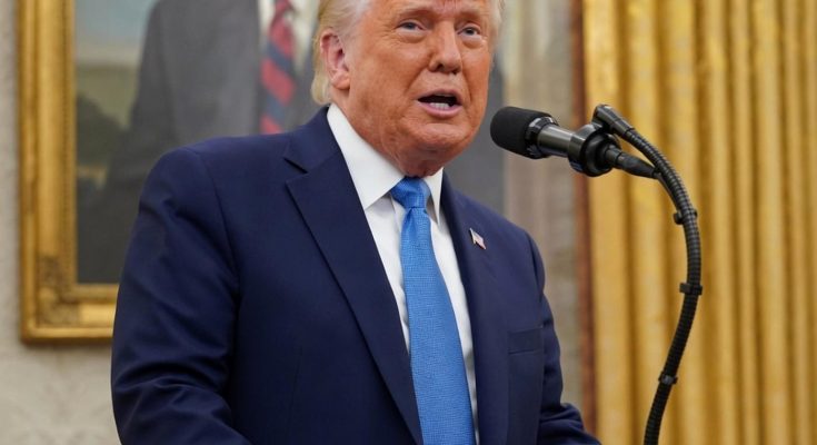 Donald Trump speaking at a podium with a microphone, wearing a dark blue suit and light