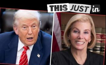 Split-screen image showing Donald Trump in a blue suit with red striped tie on the left