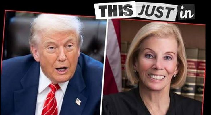 Split-screen image showing Donald Trump in a blue suit with red striped tie on the left