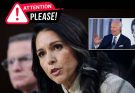 Tulsi Gabbard speaking at a microphone with Joe Biden shown in a small inset image, with