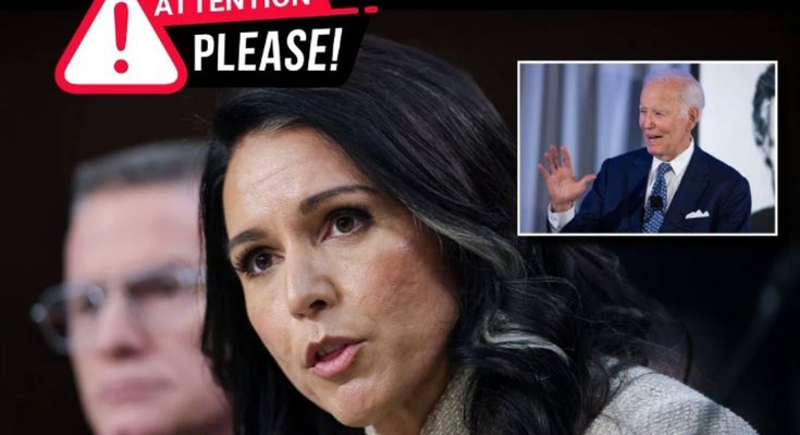 Tulsi Gabbard speaking at a microphone with Joe Biden shown in a small inset image, with