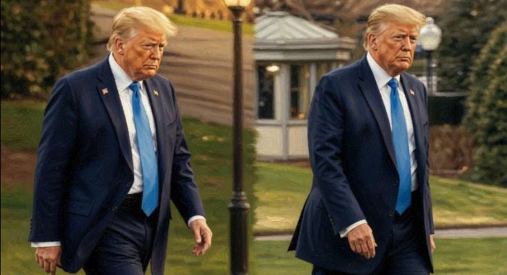 Two identical figures of Donald Trump in navy suits and blue ties walking on a lawn near