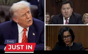 A split-screen image showing Donald Trump in a blue suit with a red striped tie on the