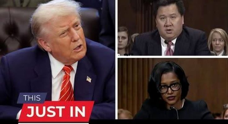 A split-screen image showing Donald Trump in a blue suit with a red striped tie on the