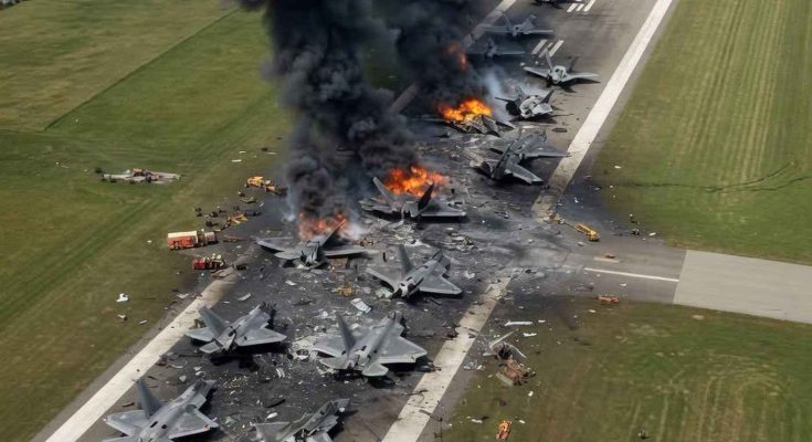 Aerial view of multiple fighter jets destroyed and burning on an airfield runway with
