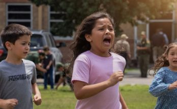 Three children running on grass with distressed expressions, with adults and a building