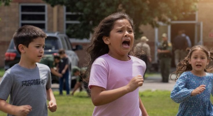 Three children running on grass with distressed expressions, with adults and a building