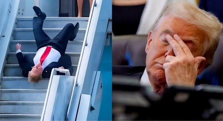 Split image showing Donald Trump falling backward on airplane stairs on the left, and