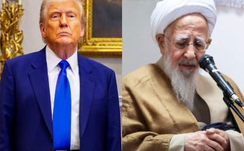 Split image showing Donald Trump in a blue suit on the left and an elderly man with a