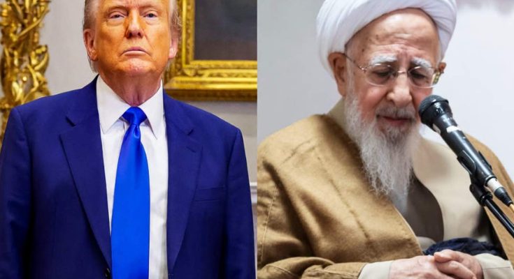 Split image showing Donald Trump in a blue suit on the left and an elderly man with a