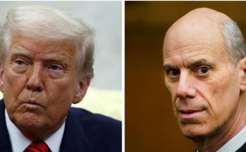 Side-by-side portraits of Donald Trump and a bald man with gray hair at the temples