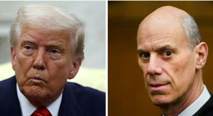 Side-by-side portraits of Donald Trump and a bald man with gray hair at the temples