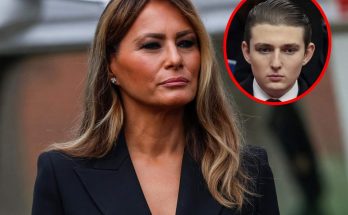 Melania Trump in a black blazer with an inset circular image of Barron Trump in the