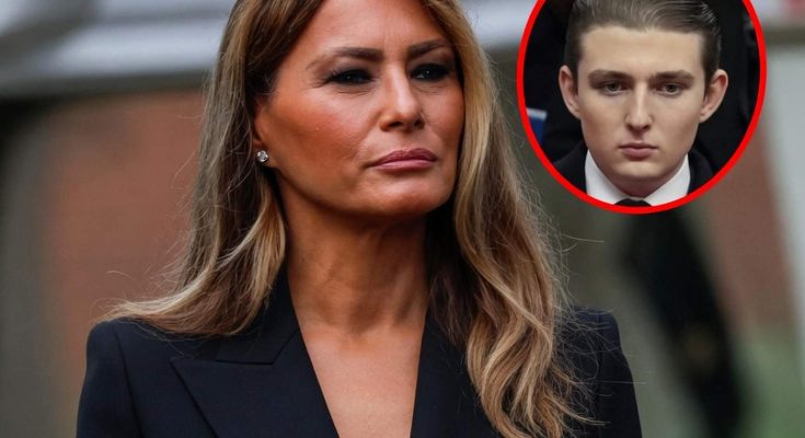Melania Trump in a black blazer with an inset circular image of Barron Trump in the