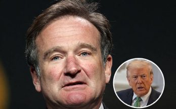 A close-up portrait of Robin Williams in a dark suit, with a circular inset image of