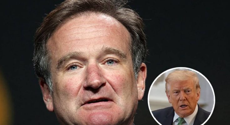 A close-up portrait of Robin Williams in a dark suit, with a circular inset image of