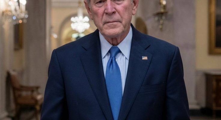George W. Bush in a navy suit and blue tie standing in an ornate hallway with chandeliers