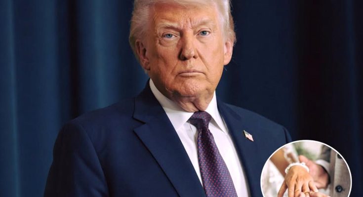 Donald Trump in a dark blue suit with a patterned tie, standing against a dark blue
