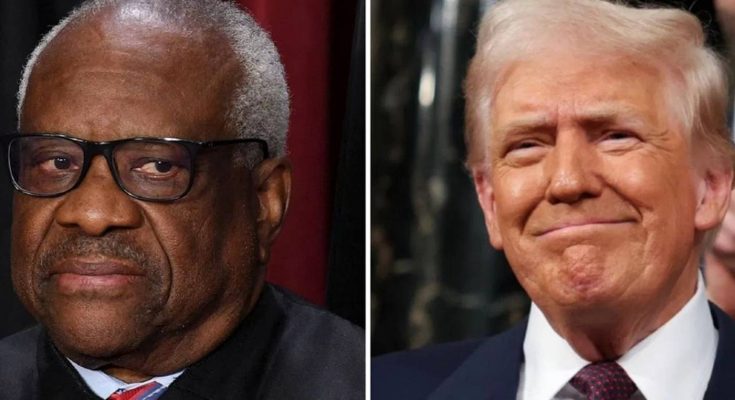 Side-by-side portrait of Clarence Thomas and Donald Trump