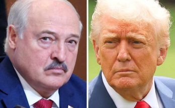 Split image showing Alexander Lukashenko speaking at a microphone on the left and Donald
