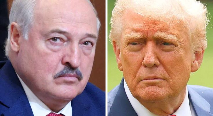 Split image showing Alexander Lukashenko speaking at a microphone on the left and Donald