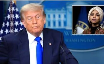 Donald Trump seated at a podium with American flag and White House backdrop, with inset