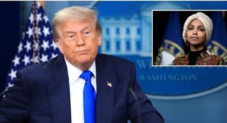 Donald Trump seated at a podium with American flag and White House backdrop, with inset